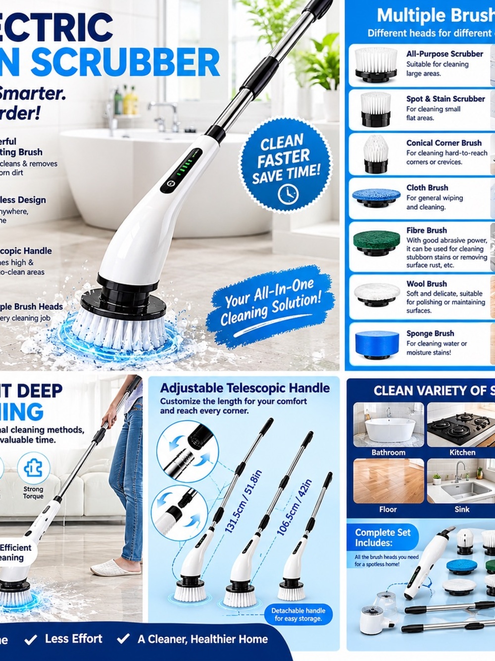 Cordless Electric Spin Scrubber - White - Multi-Brush Bath Cleaning Tool